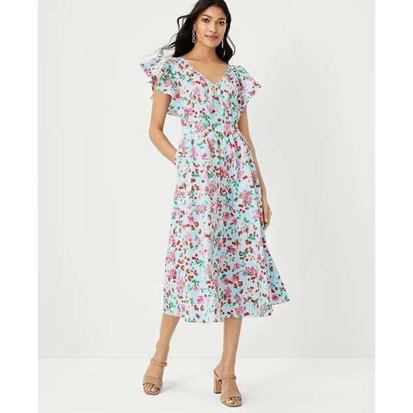 Ann Taylor Dresses & Skirts - Ann Taylor Floral Flutter Sleeve Dress Strawberries Floral Modest Blue size 8